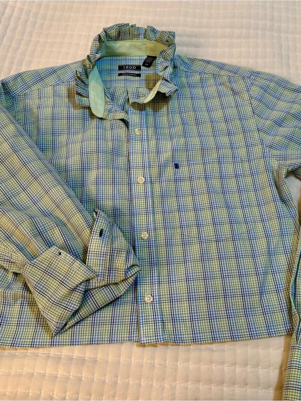 Upcycled Men's Izod Ruffled Collar Button-Up Shirt in Light Blue Plaid - Picture 3 of 8